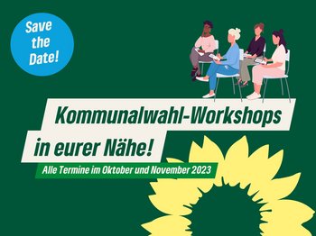 Kommunalwahlkampf-Workshops in deiner Nähe! Grafik mit Menschen, die an auf Stühlen sitzen