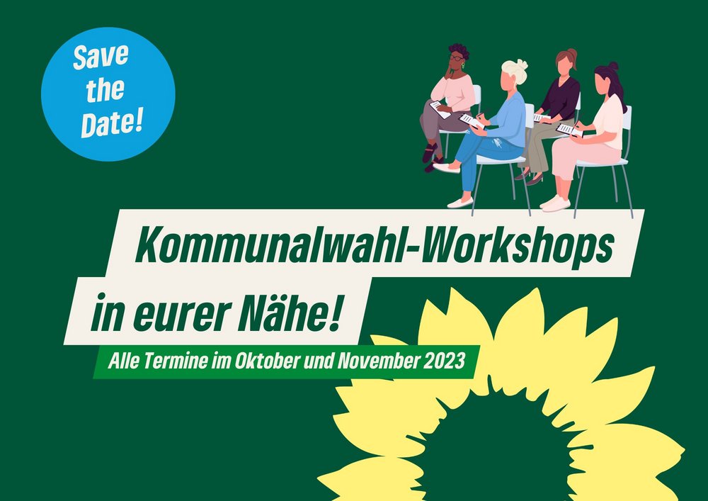 Kommunalwahlkampf-Workshops in deiner Nähe! Grafik mit Menschen, die an auf Stühlen sitzen