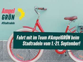 Rotes Retro-Fahrrad, Text: Fahrt mit im Team #AmpelGRÜN beim Stadtradeln vom 1.-21. September!