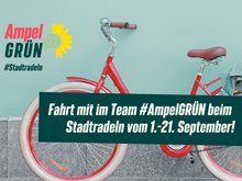 Rotes Retro-Fahrrad, Text: Fahrt mit im Team #AmpelGRÜN beim Stadtradeln vom 1.-21. September!