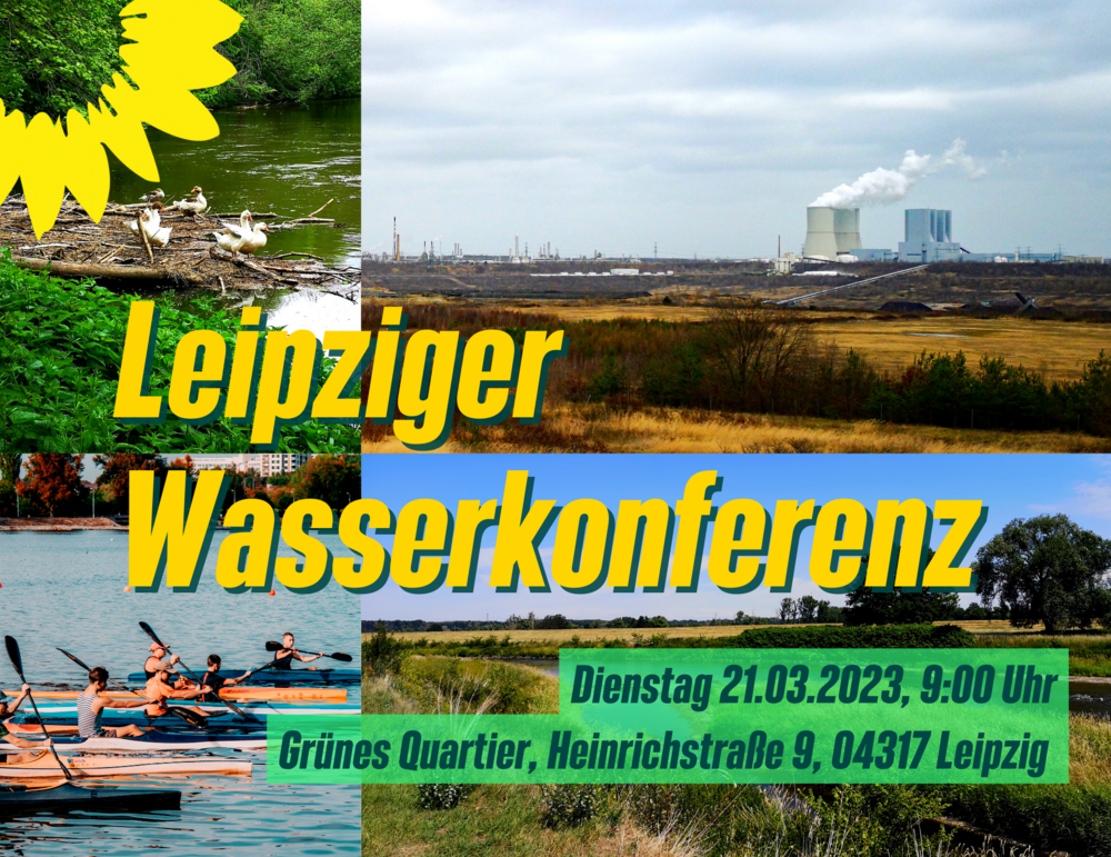 Vier Bilder, die mit Wasser in Verbindung stehen: Enten am Fluss, Kanut*innen, eine Flusslandschaft, Kohlemeiler im Hintergrund einer vertrockneten Wiese