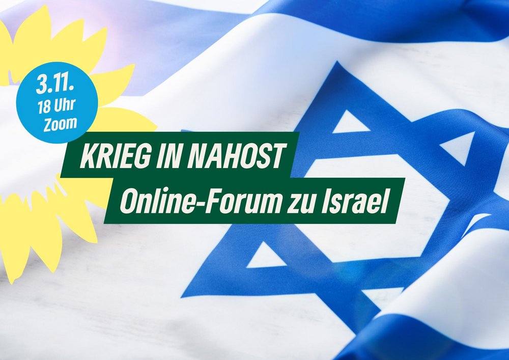 Israel Flagge mit Sonneblume. Text: Krieg in Nahost, Online-Forum zu Israel