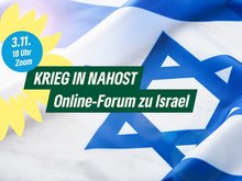 Israel Flagge mit Sonneblume. Text: Krieg in Nahost, Online-Forum zu Israel