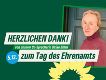 Blonden Frau mit dunkelrotem Pulli lächelt. Text: Herzlichen Dank von unserer Co-Sprecherin Ulrike Böhm zum Tag des Ehrenamts.