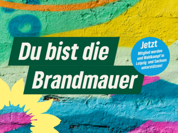 Bild: Wand mit buntem Graffiti, Text: Du bist die Brandmauer, Jetzt Mitglied werden uns Wahlkampf in Leipzig und Sachsen unterstützen!