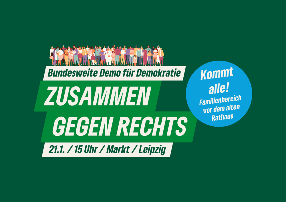 Viele Menschen in bunter Kleidung. Text: Bundesweite Demo für Demokratie, Aufstehen gegen Rechts