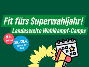 Fit fürs Superwahljahr! Grafik: Sonnenblume, Megaphone und Kalender