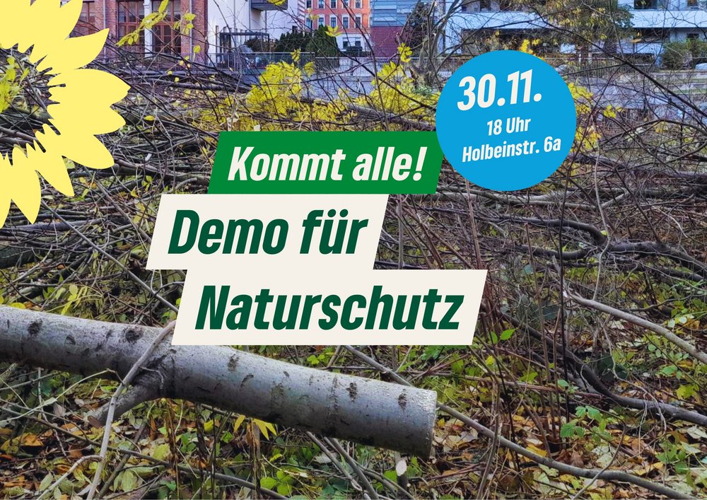 Gefällter Baum und Grün, im Hintergrund der Kanal und Häuser, Text: Kommt alle! Demo für Naturschutz