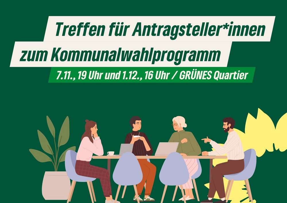 Treffen für Antragsteller*innen zum Kommunalwahlprogramm, 7.11. und 1.12. im Grünen Quartier, Grafik: Menschen sitzen an einem Tisch und unterhalten sich, gelbe Sonneblume