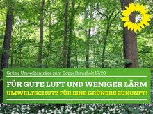 Das Bild zeigt im Hintergrund eine Foto von einem Wald. Im Vordergrund ist das Parteilogo, die gelbe Sonnenblume, zu sehen und ein grüner Kasten auf welchem folgende Schrift zu lesen ist: Grüne Umweltanträge zum Doppelhaushalt 19/20 - Für gute Luft und weniger Lärm - Umweltschutz für eine Grünere Zukunft!