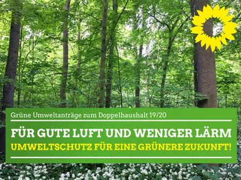 Das Bild zeigt im Hintergrund eine Foto von einem Wald. Im Vordergrund ist das Parteilogo, die gelbe Sonnenblume, zu sehen und ein grüner Kasten auf welchem folgende Schrift zu lesen ist: Grüne Umweltanträge zum Doppelhaushalt 19/20 - Für gute Luft und weniger Lärm - Umweltschutz für eine Grünere Zukunft!