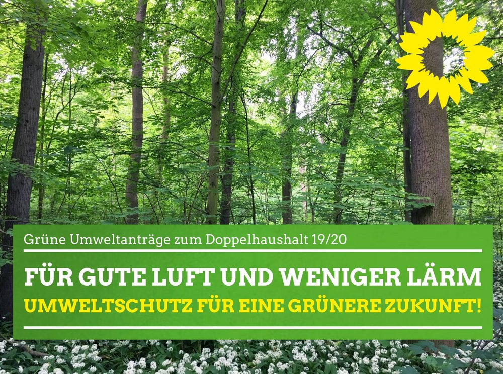 Das Bild zeigt im Hintergrund eine Foto von einem Wald. Im Vordergrund ist das Parteilogo, die gelbe Sonnenblume, zu sehen und ein grüner Kasten auf welchem folgende Schrift zu lesen ist: Grüne Umweltanträge zum Doppelhaushalt 19/20 - Für gute Luft und weniger Lärm - Umweltschutz für eine Grünere Zukunft!