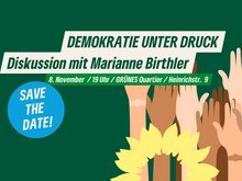 Demokratie unter Druck, Diskussion mit Marianne Birthler, Grafik: Ausgestreckte Hände und gelbe Sonnenblume