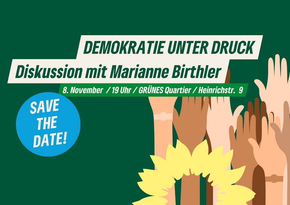 Demokratie unter Druck, Diskussion mit Marianne Birthler, Grafik: Ausgestreckte Hände und gelbe Sonnenblume