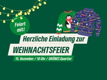 Grüner Hintergrund mit Grafiken gelber Lichterkette, grüner Weihnachtsbaumkugel und Weihnachtspullis mit Pungui und blauem Muster mit bunten Kugeln.