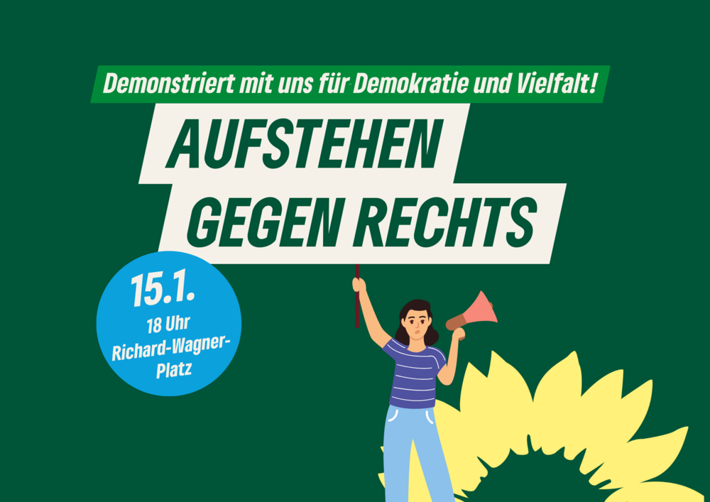 Grafik Frau mit Schild. Text: Aufstehen gegen Rechts!