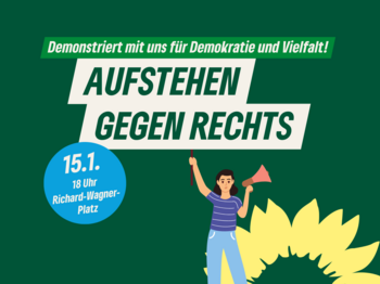 Grafik Frau mit Schild. Text: Aufstehen gegen Rechts!