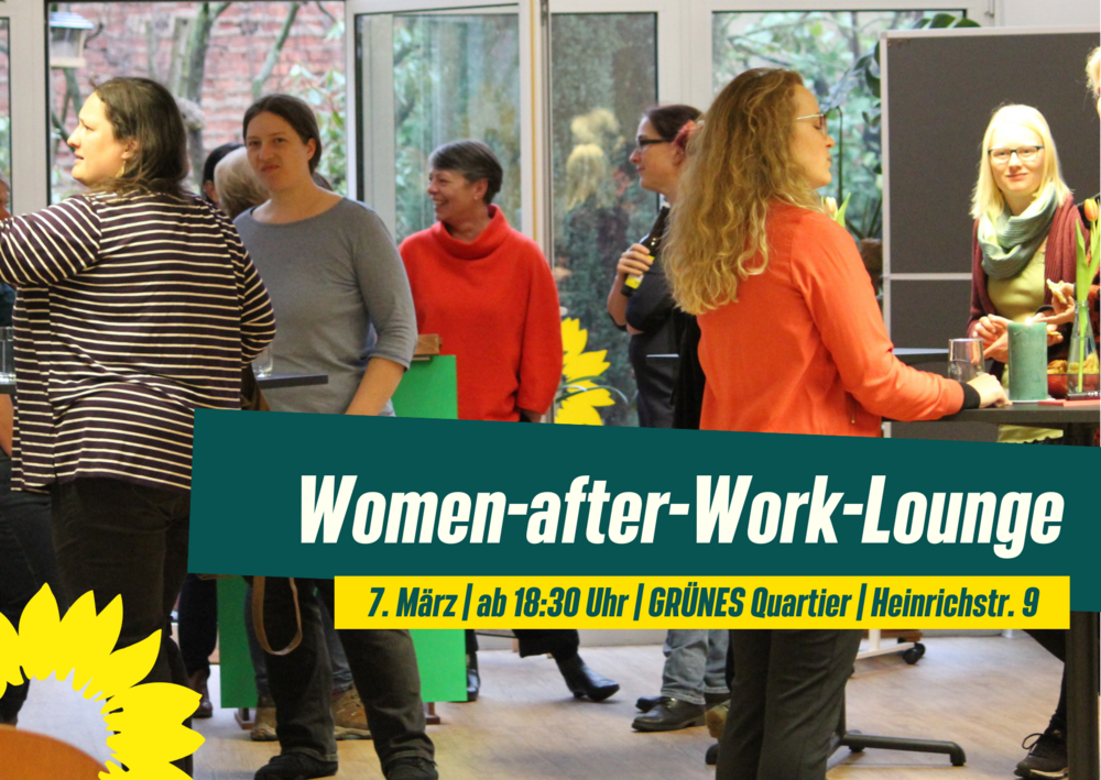 !B Frauen stehen an stehtischen zusammen und unterhalten sich. Women-after-Work-Lounge