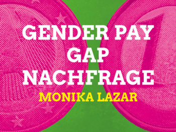 Auf einem grafisch gestalteten Hintergrund der stilisiert 2 pinke Euros auf grünem Grund zeigt steht ein Schriftblock mit dem Text: Gender Pay Gap Nachfrage - Monika Lazar