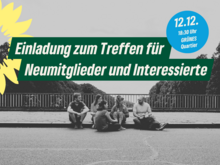 Schwarz-weiß Bild mit Menschen auf der Sachsenbrücke, Text: Einladung zum Treffen für Neumitglieder und Interessierte