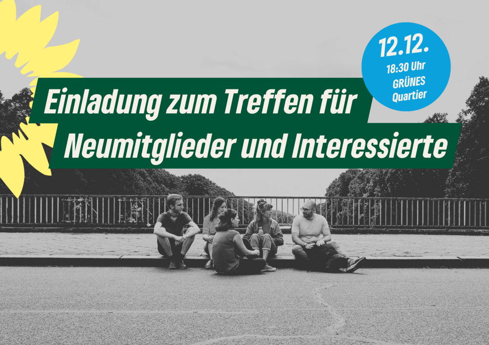 Schwarz-weiß Bild mit Menschen auf der Sachsenbrücke, Text: Einladung zum Treffen für Neumitglieder und Interessierte