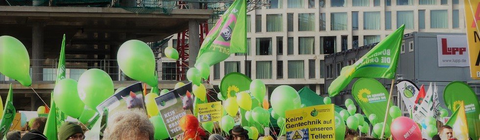 Auf dem Bild sind viele grüne Ballons und Flaggen zu sehen, die über den Köpen Demonstrierender fliegen. Es ist ein Panoramabild, sodass die Demonstrierenden nur durch das zeigen der Haare und Mützen zu sehen sind. Der Rest ist Himmel.