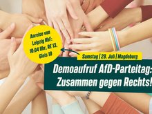 Viele Hände mit bunten Ärmeln kommen in der Mitte zusammen. Text: Demoaufruf AfD-Parteitag: Zusammen gegen Rechts