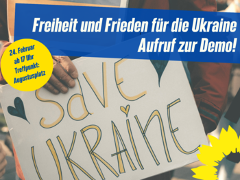 !B Aufruf zur Demo: Für Freiheit und Frieden in der Ukraine, 24. Februar, ab 17 Uhr, Treffpunkt Augustusplatz, Motiv: Hand hält Plakat mit der Aufschrift: Save Ukraine